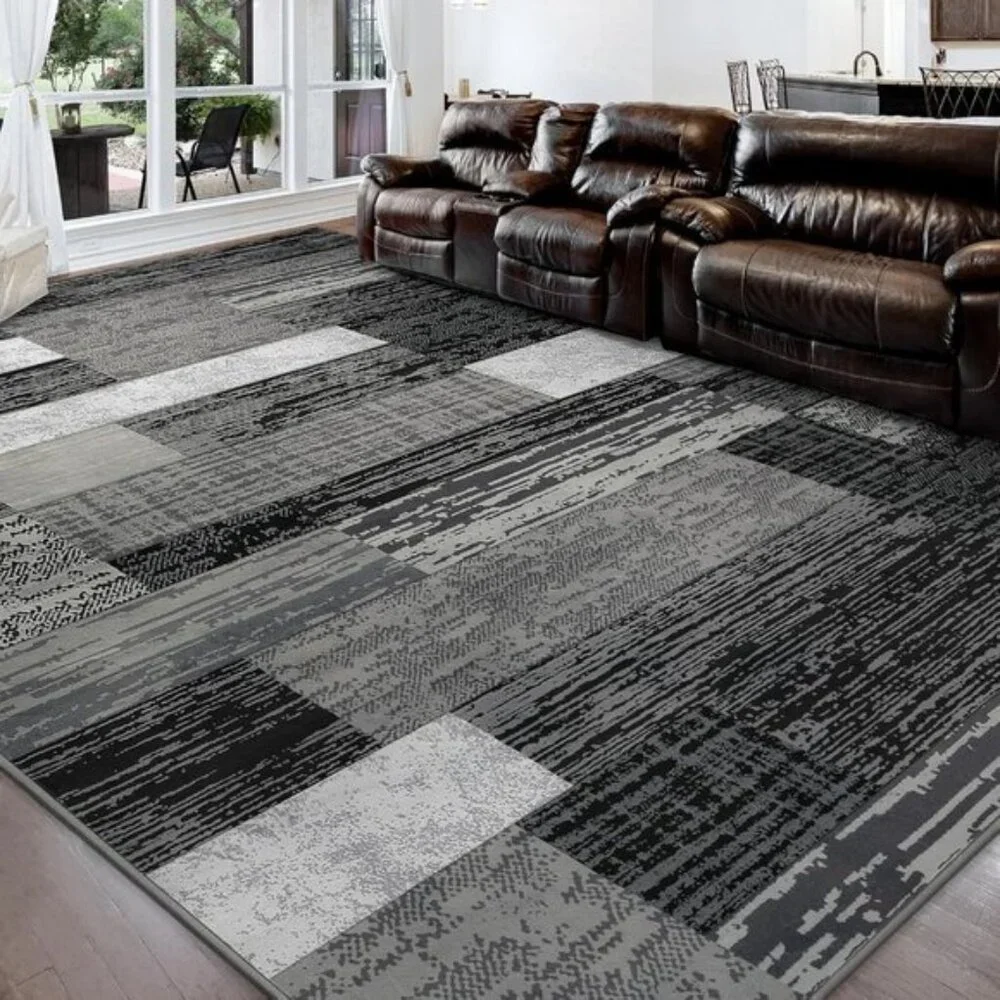 New 5x8 Grey Geometric Area Rug, Modern Patchwork Carpet for Home & Room Decor